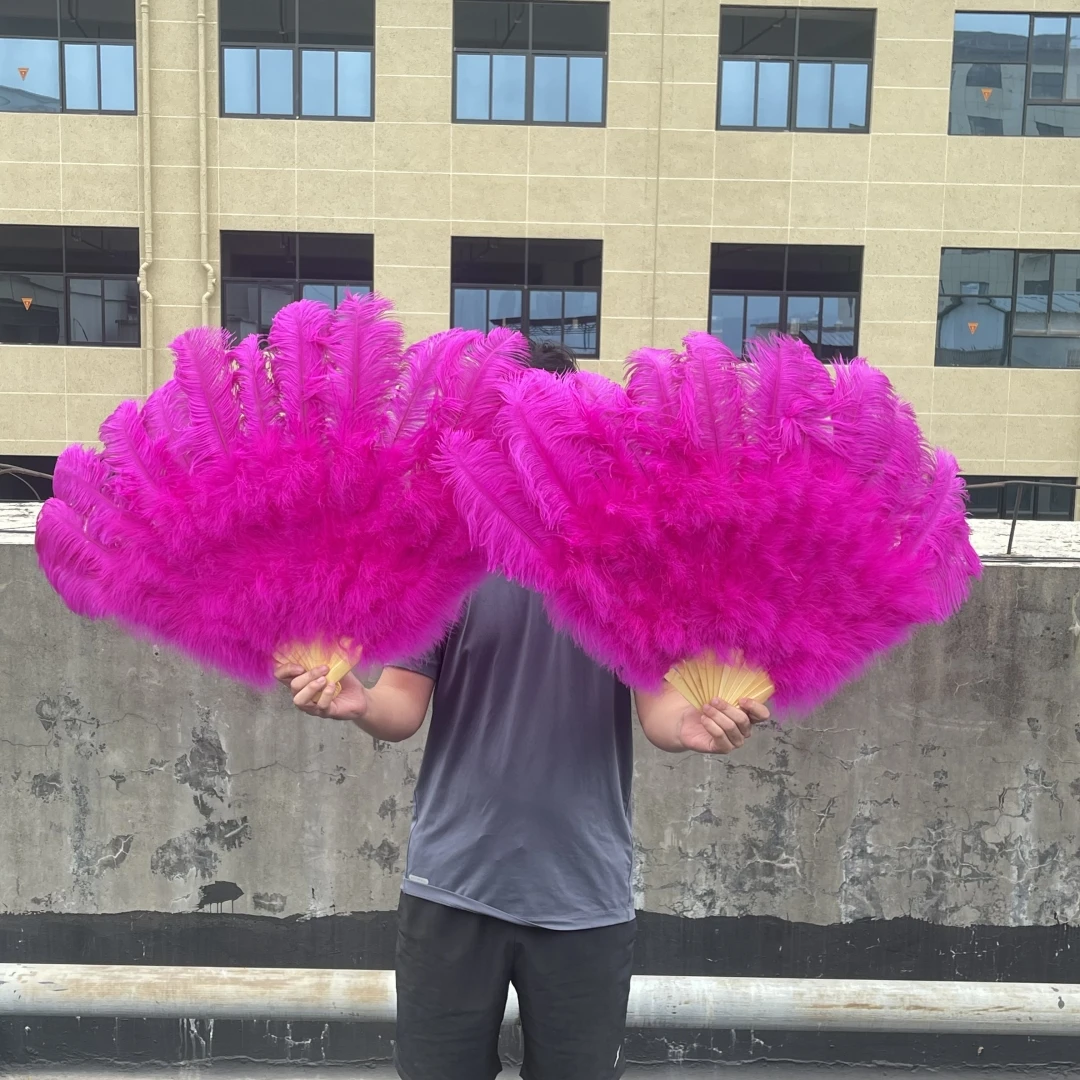 Customized Rose Red Hand Ostrich Feathers Fans 13Bars Fluffy Plumes Hand Fan Foldable 90CM Stage Performance Dancer Props Decor