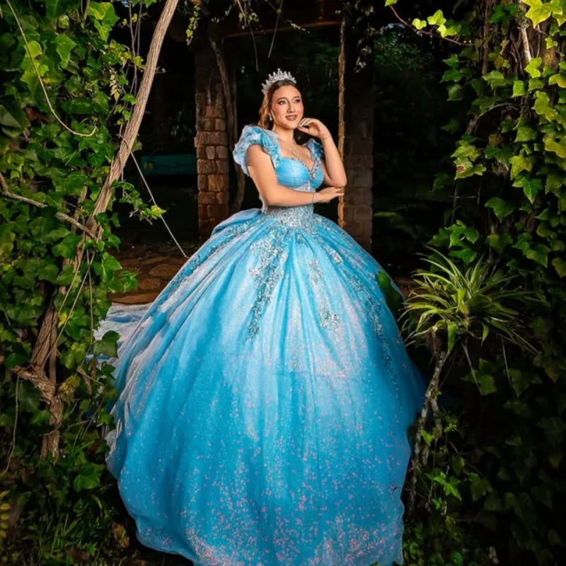 

Shiny Blue Quinceanera Dress off-shoulder Lace flower decal Long tail Bow vestidos de 15 Quinceanera ﻿Customize