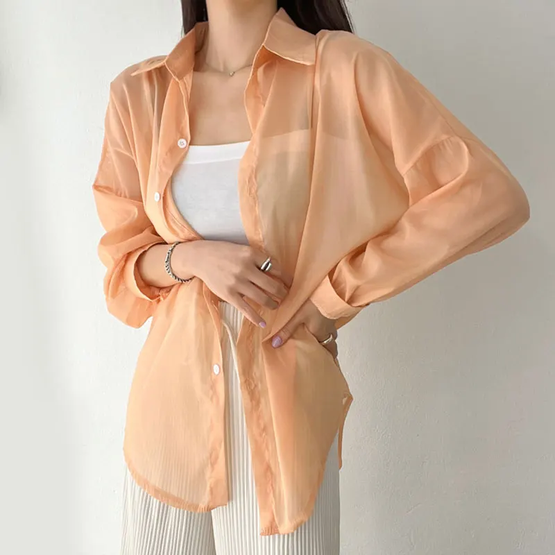 Chique verão casual doce cor lapela único botão solto manga longa proteção solar antung blusa topo moda fena