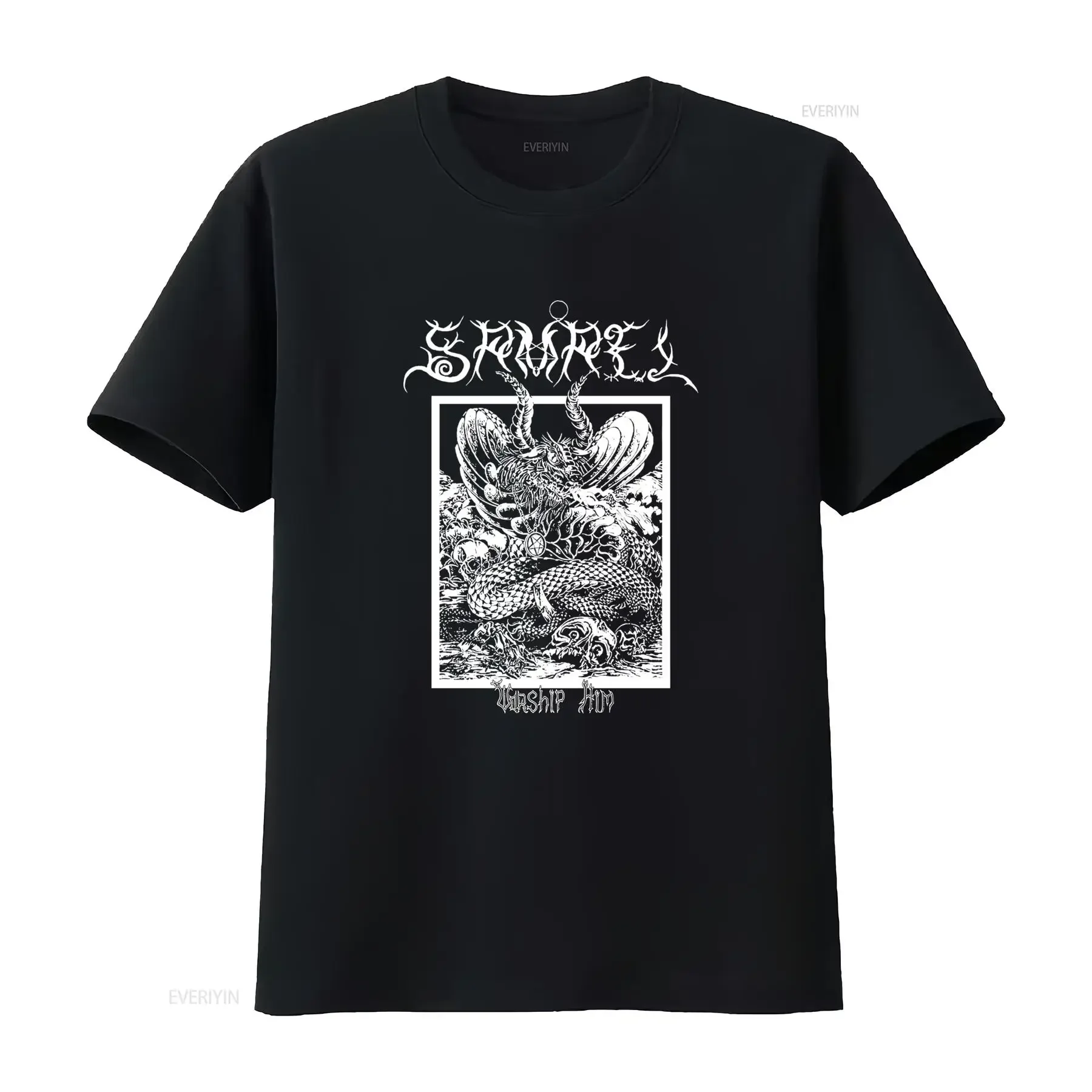 Camiseta negra Samael Worship Him con estampado de dragón gótico, inspirada en bandas de heavy metal, calidad premium para hombres y mujeres, estilo vintage.