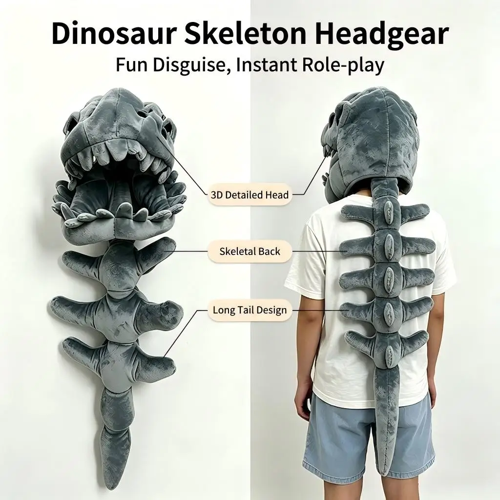 Plush Dinosaur Skeleton Hat Wearable Cosplay Headgear 80/120cm for Halloween Party Family Parent‑Child Photo Prop Play Toy