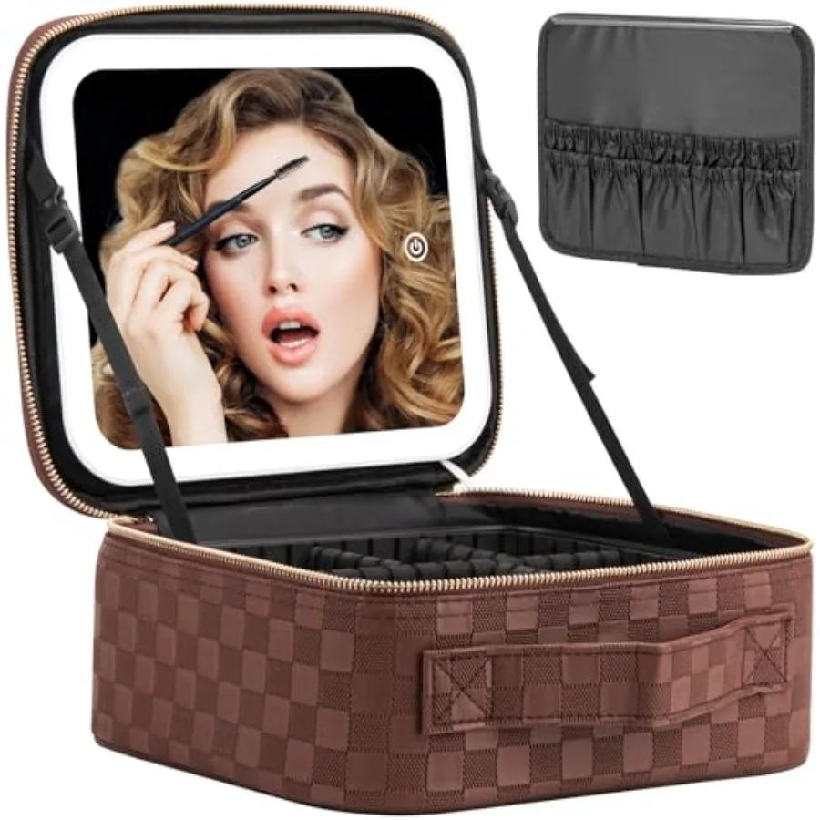 

Makeup Travel Train Case with Mirror LED Light 3 Adjustable Brightness Large Cosmetic Bag Portable Storage Adjustable Partition