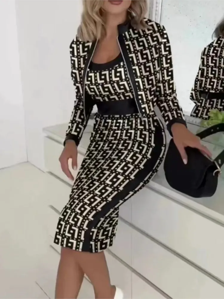 

Sexy Slim Print Suit Elegant Office Lady Round Neck Vest Zippered Long Sleeve Jacket Package HipSkirt Three Piece Set 2024 New