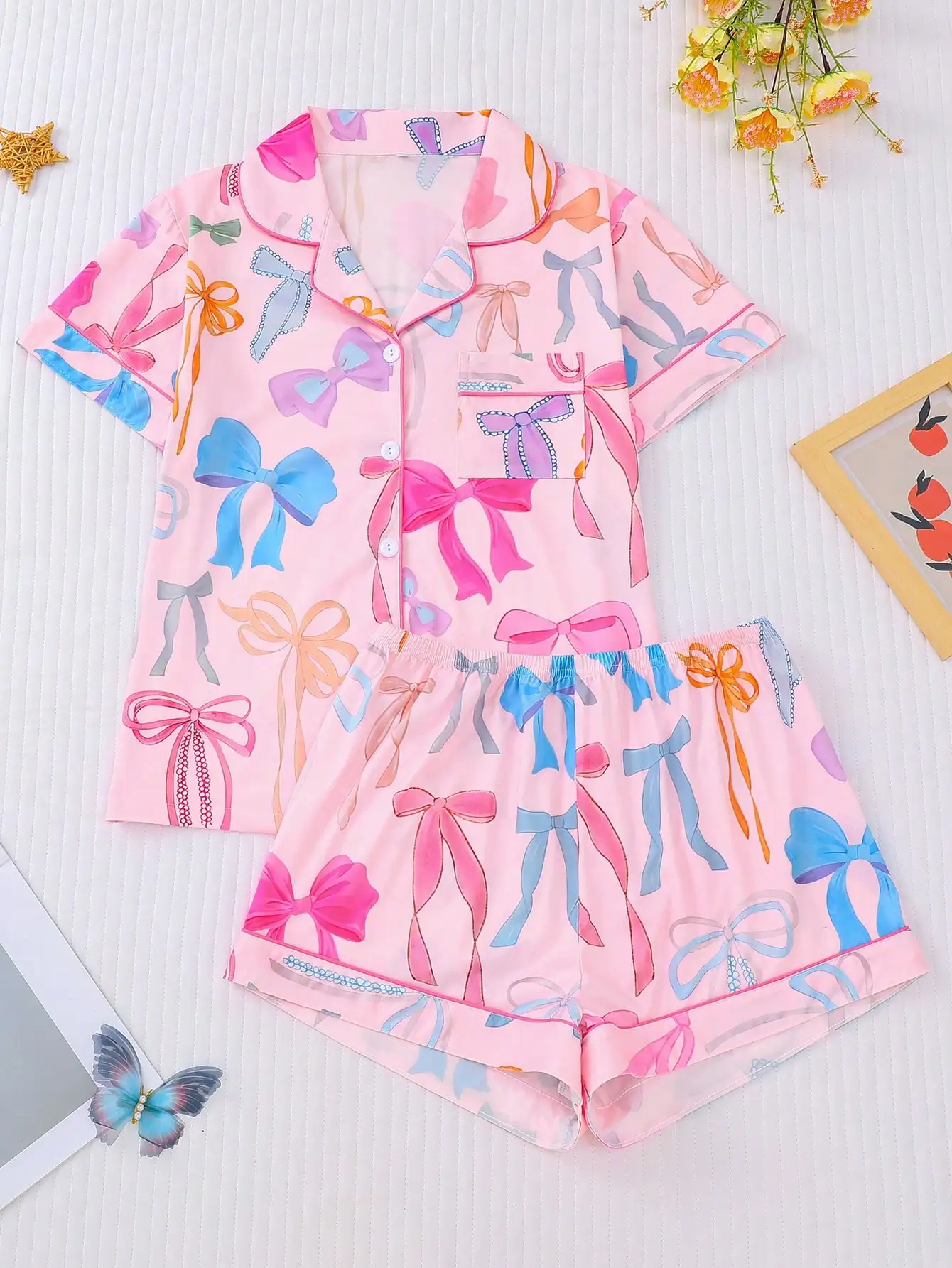 

Women 2-Piece Cute Gift Bow Print Pajama Set Short Sleeve Btn Shirt Soft Stretch Shorts Party Loungewear Comfy Sleepwear