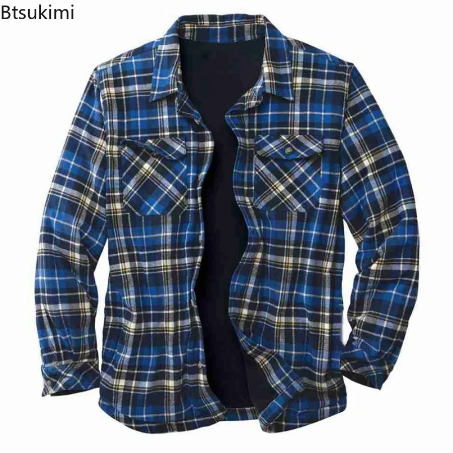 Autunno inverno classico Plaid camicie da uomo in pile a maniche lunghe cappotti caldi con tasche camicia Casual allentata giacca maschile