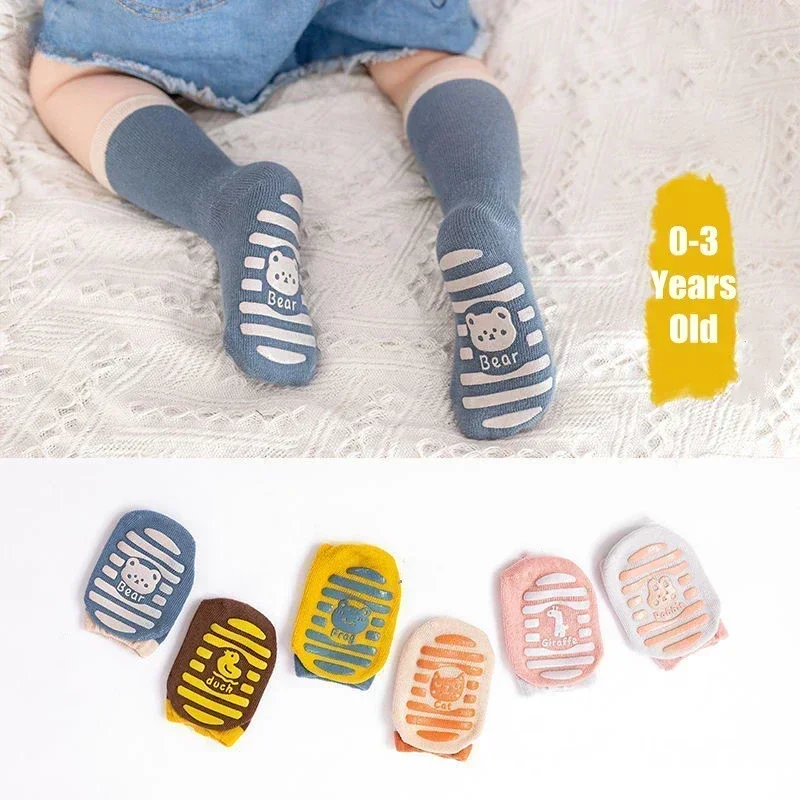 2 Pairs Newborn Baby Socks Cute Cartoon Animal Cotton Spring Autumn Non-Slip Baby Boys Girls Kid Floor Socks 0-1-3 Years Old