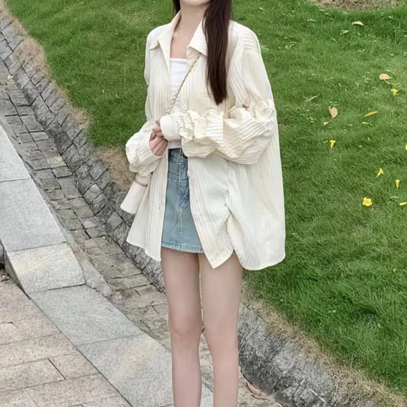 Cotton Linen Sun Protection Shirts Women Summer Loose Thin Long Sleeve Lapel Tops Korean Streetwear All-Match Buttons Blouse