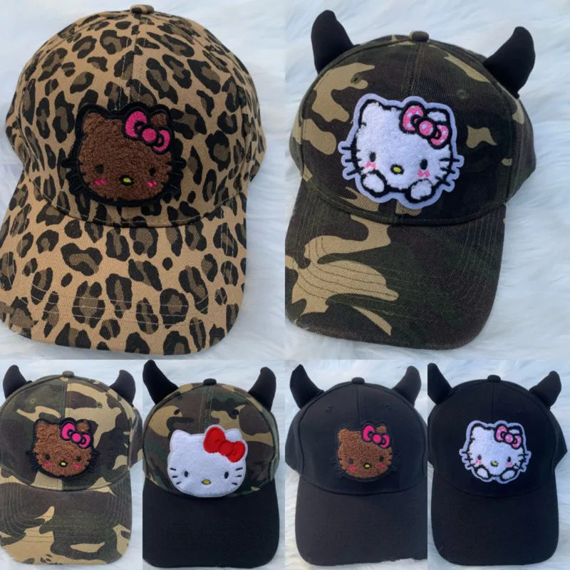 Sanrio Camouflage Hellokitty Y2k เบสบอลหมวก Devil Horn Design หมวก Hip Hop เสือดาวพิมพ์ Retro หมวกผู้หญิงหมวกแปลกใหม่หญิง