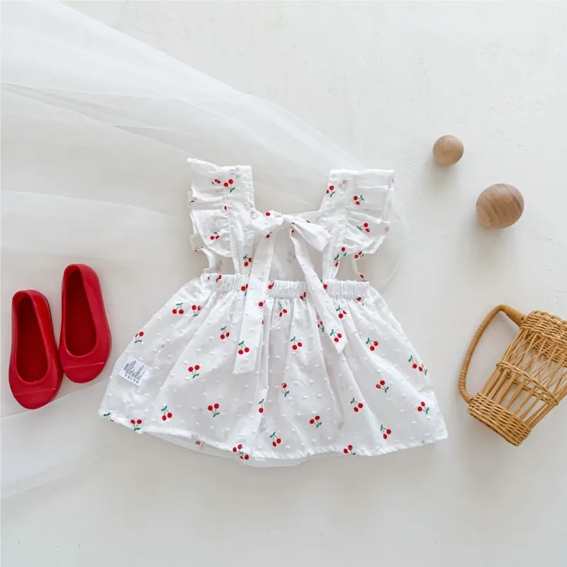 Newborn Baby Girl Cherry Fly Sleeve Romper Dress Infant Toddler Sleeveless Backless Onesies Vestido Summer Baby Clothes 3-18M