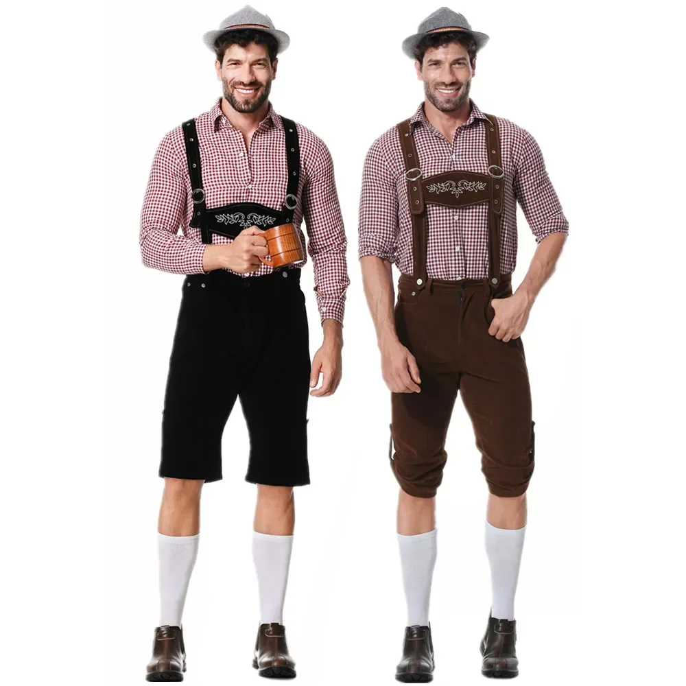 M-XXL Uomo Bavarese Oktoberfest Lederhosen Costume per Cosplay Festival della birra tedesca Bretelle Pagliaccetti Camicia Cappello Set Outfit