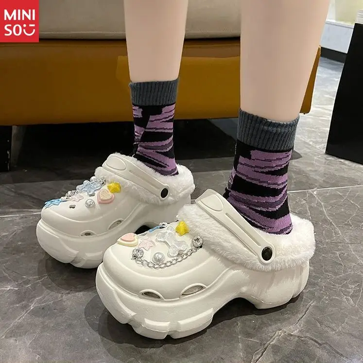 

Женские крокодилы Miniso на флисовой подкладке, зимние новые стильные милые теплые туфли без шнуровки на платформе для улицы