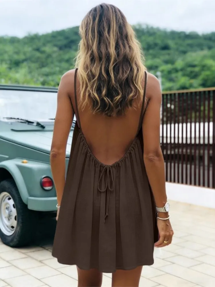 Dress, European & American Vacation Relaxed Style, Backless Elegant Vibe, 2026 Summer New Solid Color Spaghetti Strap Flowy A-Li