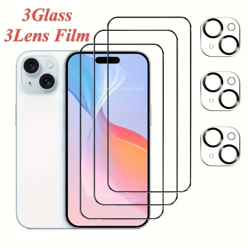 

[6-IN-1] 3Pcs Premium 9D Tempered Glass+3Pcs Camera Lens Film for IPhone 16 Promax 11 Pro 13 12 Mini 16E 15 Plus 14 Promax Glass