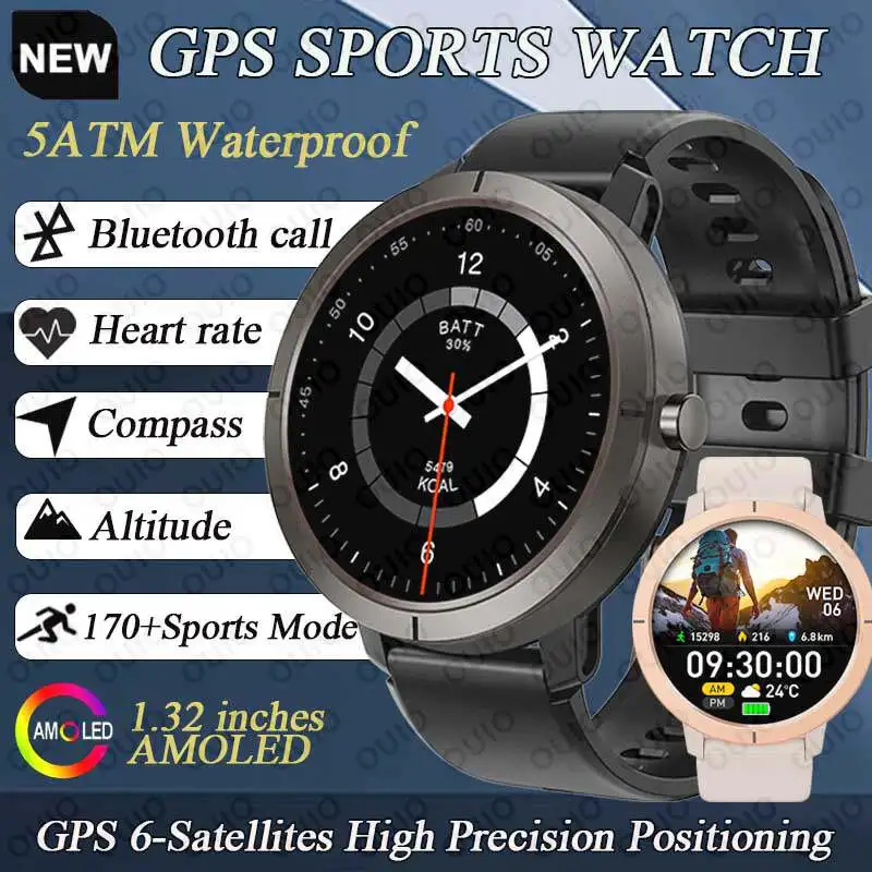 

Новые GPS Смарт-часы Мужчины Женщины 5ATM Водонепроницаемые 1.32 AMOLED Компас Высота Сердечного ритма Bluetooth Вызов 170 + Спортивный режим Смарт-часы