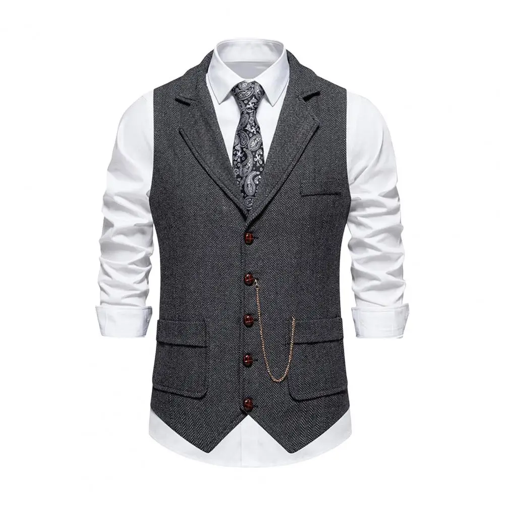 Homens Elegante Business Suit Vest Suit com bolsos 3D, Decoração cadeia, Colete de poliéster, olhar clássico