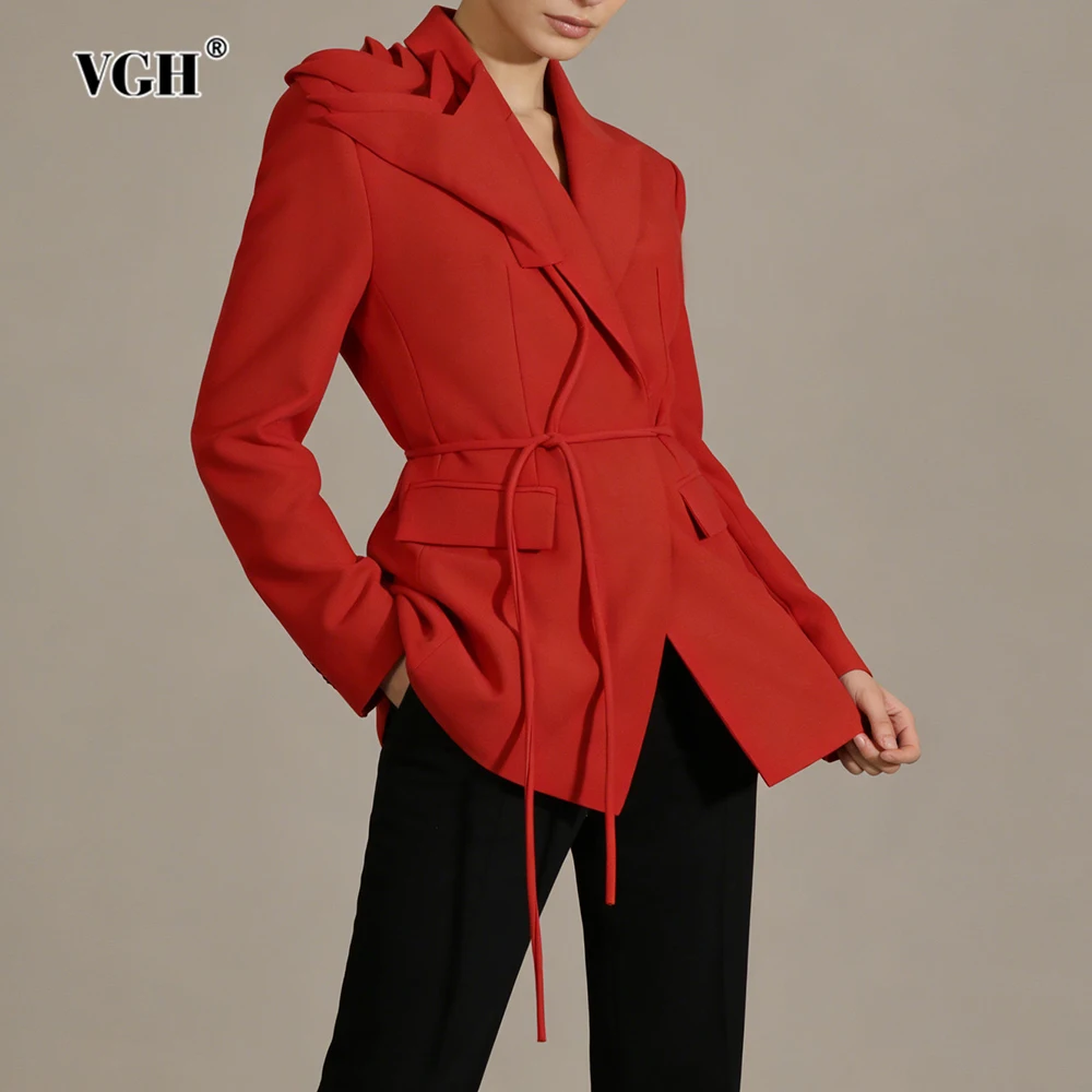 VGH Women's Elegant Fashion Events Red Blazer with 3D Shoulder Detail Notched Collar Drawstring Waist Blazers for Luxury Dinners