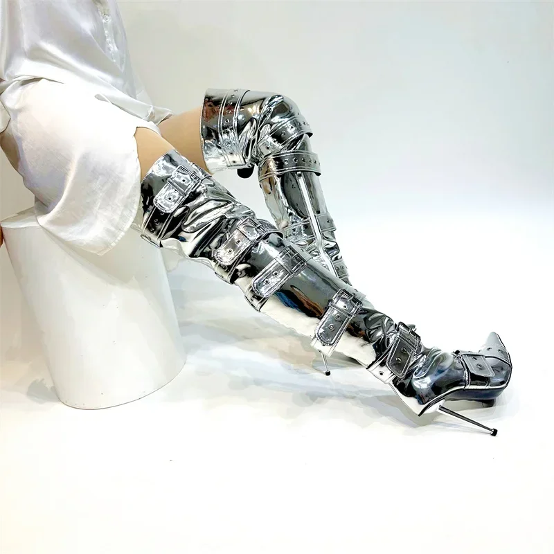 Blue Denim Metal Rivet Buckle Silvery Over Knee Boots Women Sexy Punk Style Silver Belt Buckle 12cm High Heel Sandals Size 34-43