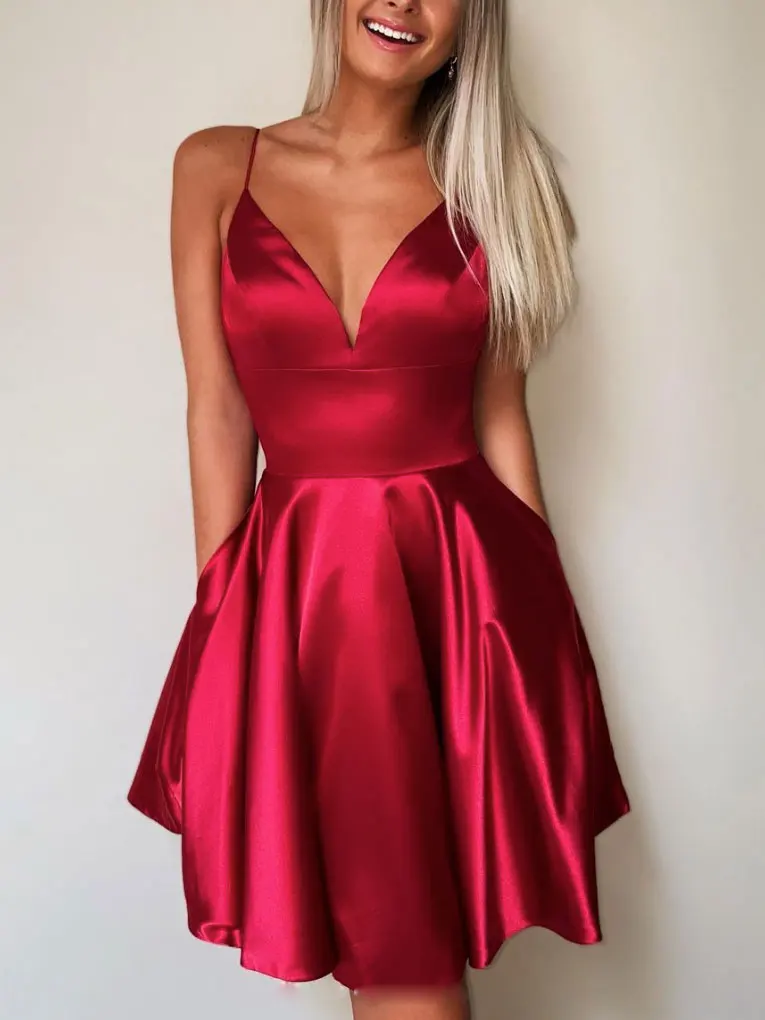 Gaun Prom biru Royal gaun acara khusus gaun pesta Prom pesta Formal leher V tali Spaghetti A Line Burgundy Satin Mini pendek