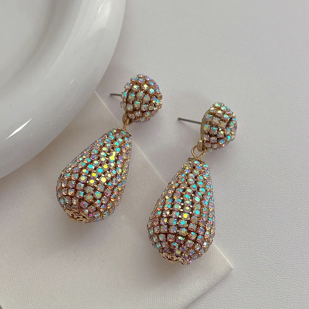 Minar INS Hot AB Color Full Rhinestones Water Drop Dangle Earrings for Women Gold Plated Alloy Long Hanging Earring Oorbellen