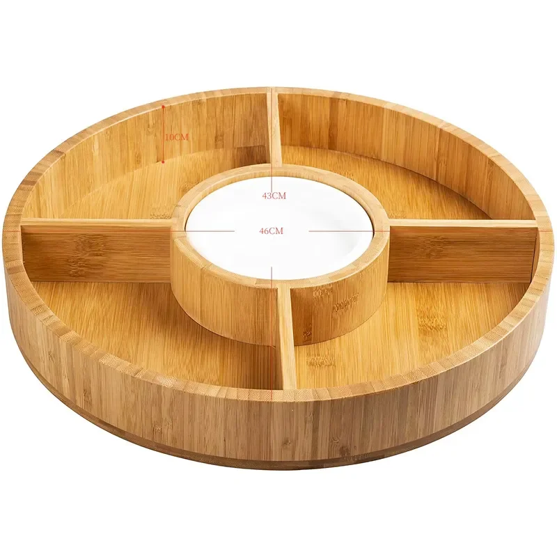Modern Wooden Snack Plate With 5 Compartments Round Serving Tray For Food Fruit Nuts Party Home Kitchen Decor Tableware Gift