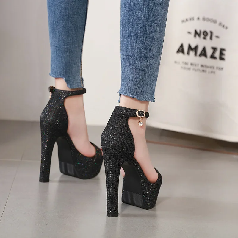 Summer Women Ankle Strap Sandals Sequined Cloth Buckle Strap 14.5CM High Heels Sandals Women Shoes Sexy Pumps