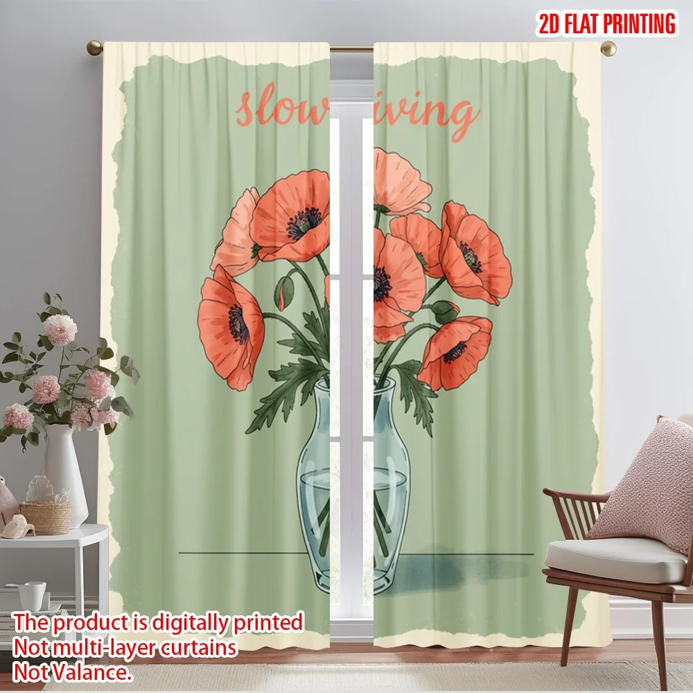 

2pcs 2D flat printing Window Treatment Curtains red poppies vase living Polyester Without Electricity 0 Perfect for Decorations