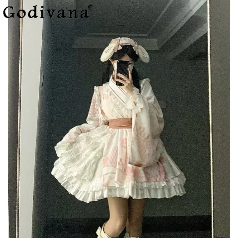 

Spring Autumn New Loose Ruffles Long Flare Sleeve Lolita Dresses Girl High Waist A-line Sweet V-neck Cute Print Big Swing Dress