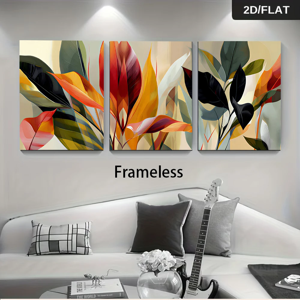 3PCS Frameless,1 set of modern tropical plant triptych frameless decorative paintings, abstract leaf decorative paintings, 2D pl