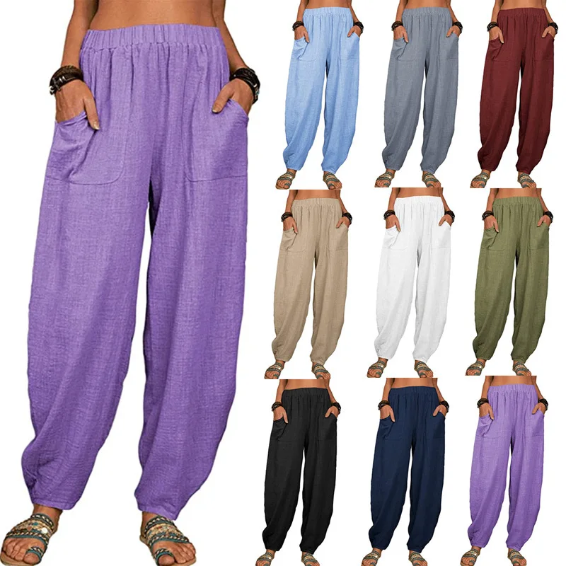 

Summer Cotton Linen Wide Leg Pants for Women Pants Full Length Casual Pants Female Solid Loose High Waist Straight Trousers