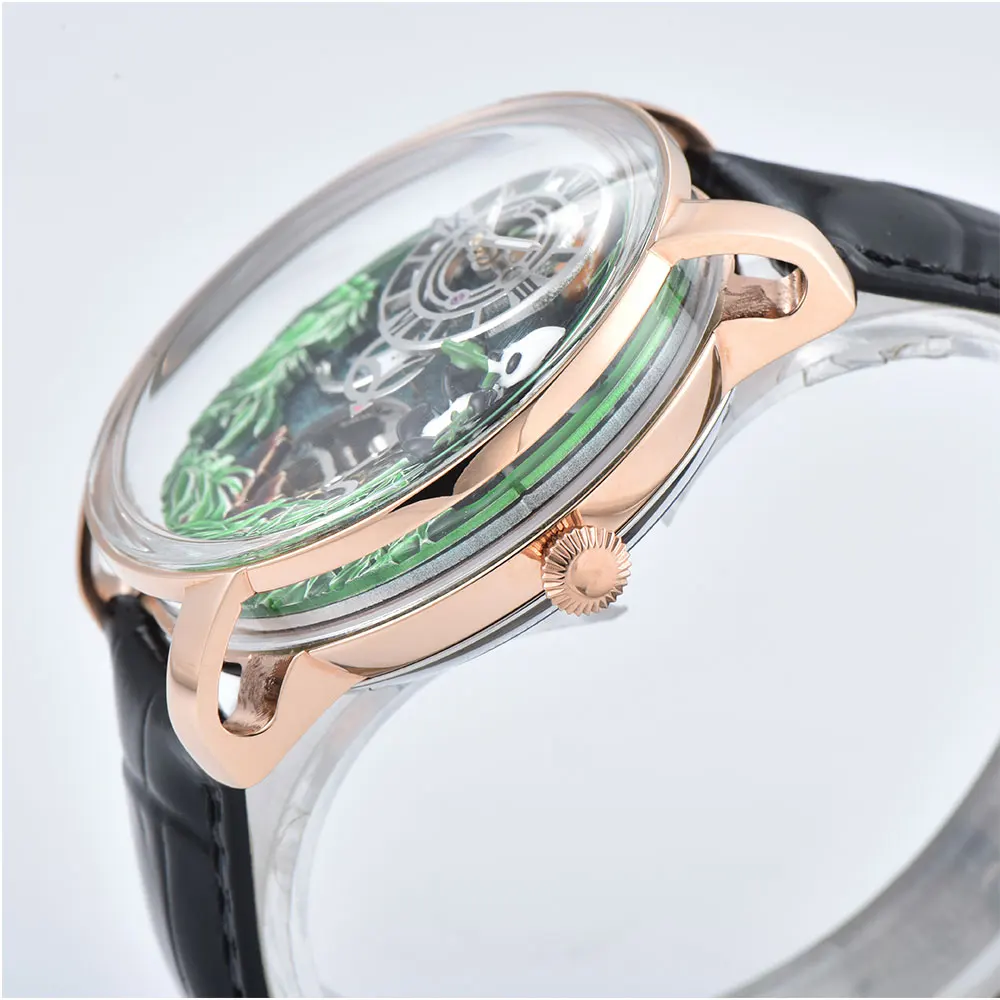 Reloj personalizado para hombre de 46mm Panda Edición especial reloj automático de negocios resistente al agua 5Bar correa de cuero de vidrio mineral