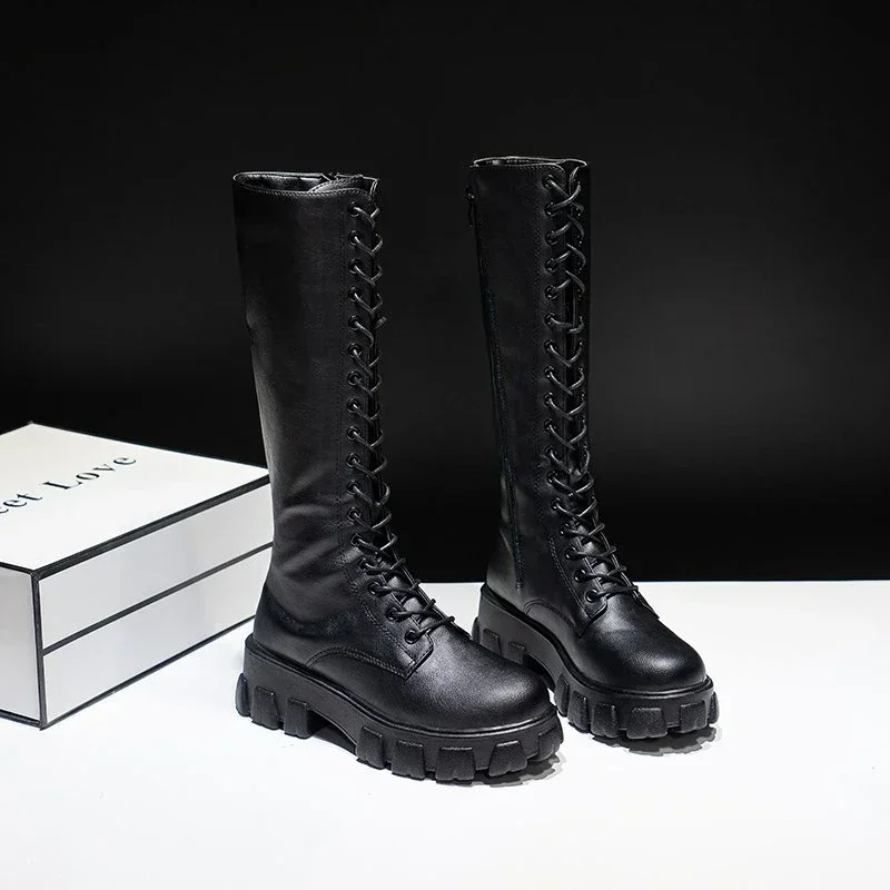 New Autumn Womens Mid Calf Boots Zipper Womens Shoes Punk Long Women Boots Winter Pu Leather Large Size 43 Zapatos Para Mujeres