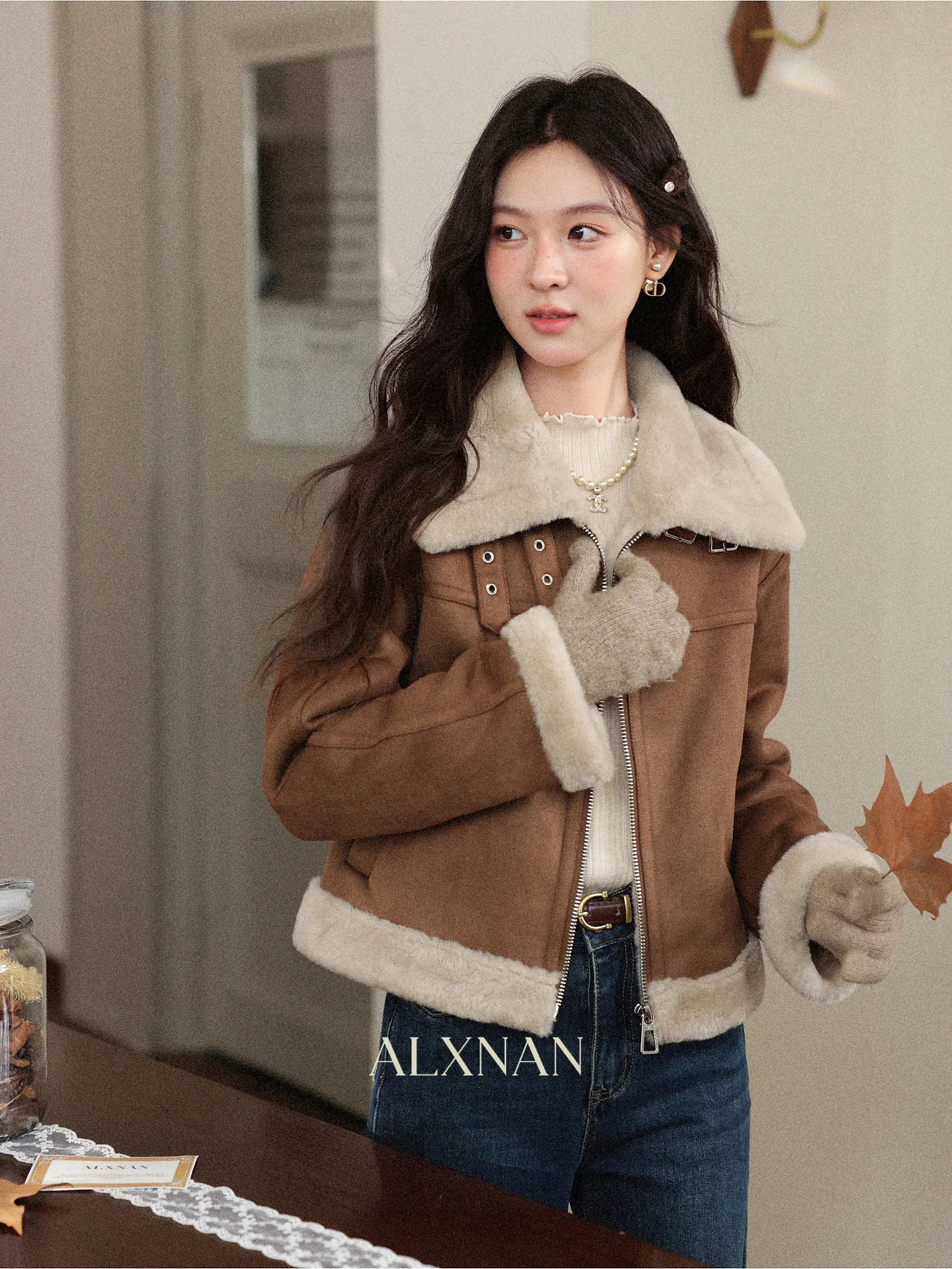 

Fall Winter Brown Fur And Leather ort Jaet Women's Loose Fit Long Sve Button up Pure Color Versatile Sle