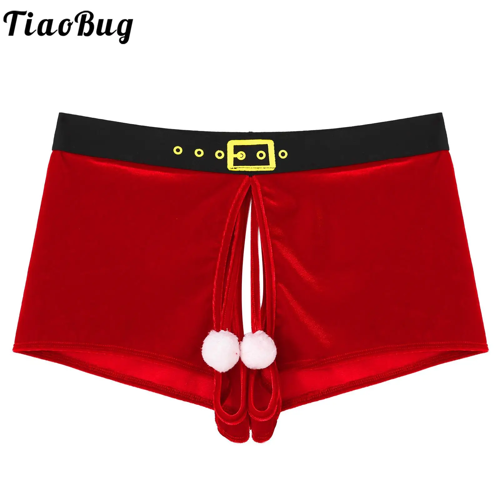 Men Sexy Open Crotch Boxer Shorts Christmas Lingerie Ball Decor Velvet Underwear Elastic Waistband Underpants Nightclub Clubwear