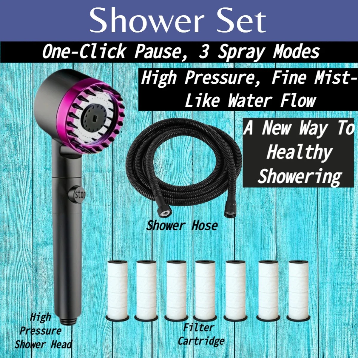 

9PCS Black Purple High Pressure Water Saving Handheld Shower Set One Key Water Stop Hard Water Filter with 7 Filter 59in Hose