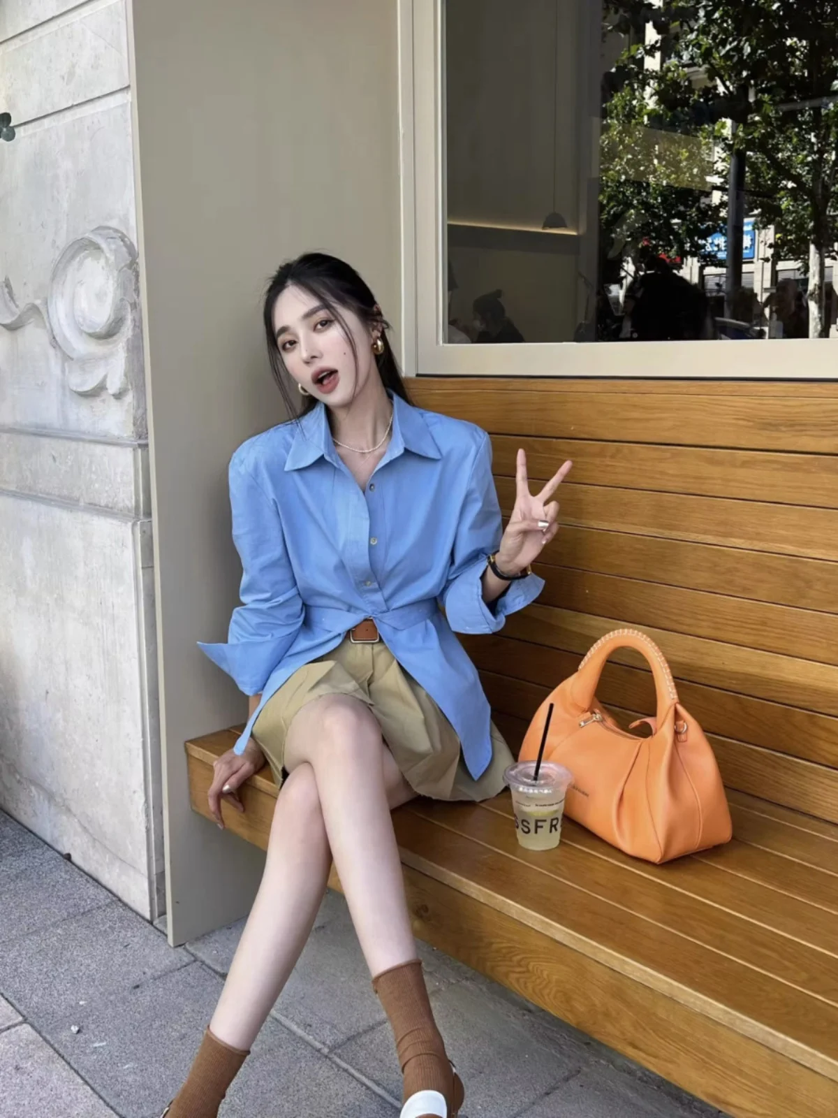 

Sweet And Spicy Blue Long Sve Women's irt Ele Asymmetrical Slit Design Comfortable Fit Korean Sle Office Wear