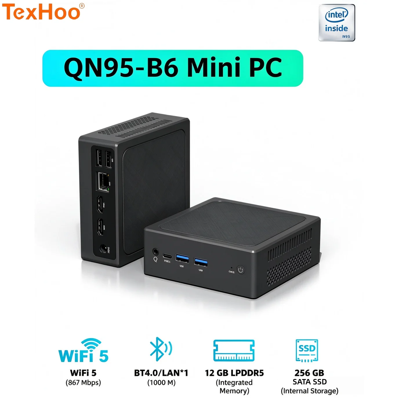TexHoo Mini PC Intel Alder Lake N95 Windows 11 Pro Dual HDMI Mini PC 12GB LPDDR5 256GB SATA SSD WiFi 5 BT4.0 Desktop Computer
