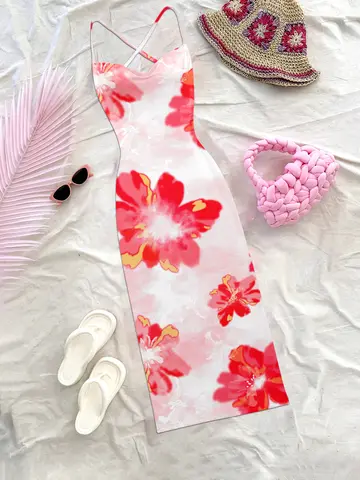 Women's Off-Shoulder Backless Maxi Dress with Red Floral Print, Contour Fit & Wrinkle-Free Knit for Tropical Summer Vacations