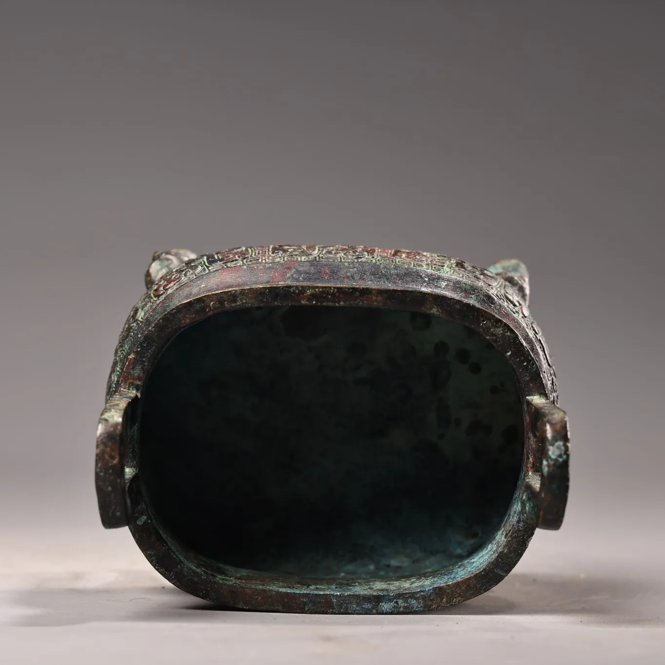 Tibetan Temple Collection Old Bronze verdigris Cinnabar Ancient script Beast Texture Beast head square incense burner Exorcism