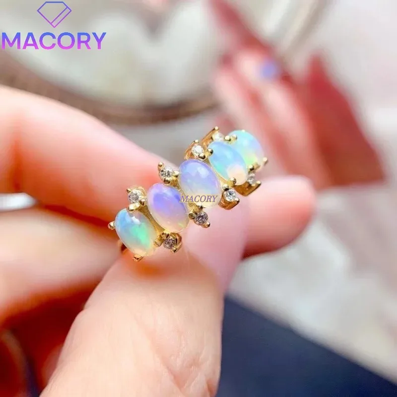 천연 호주 오팔 반지 5개 4*6MM 보석 925 스털링 실버 여성용 결혼 약혼 선물