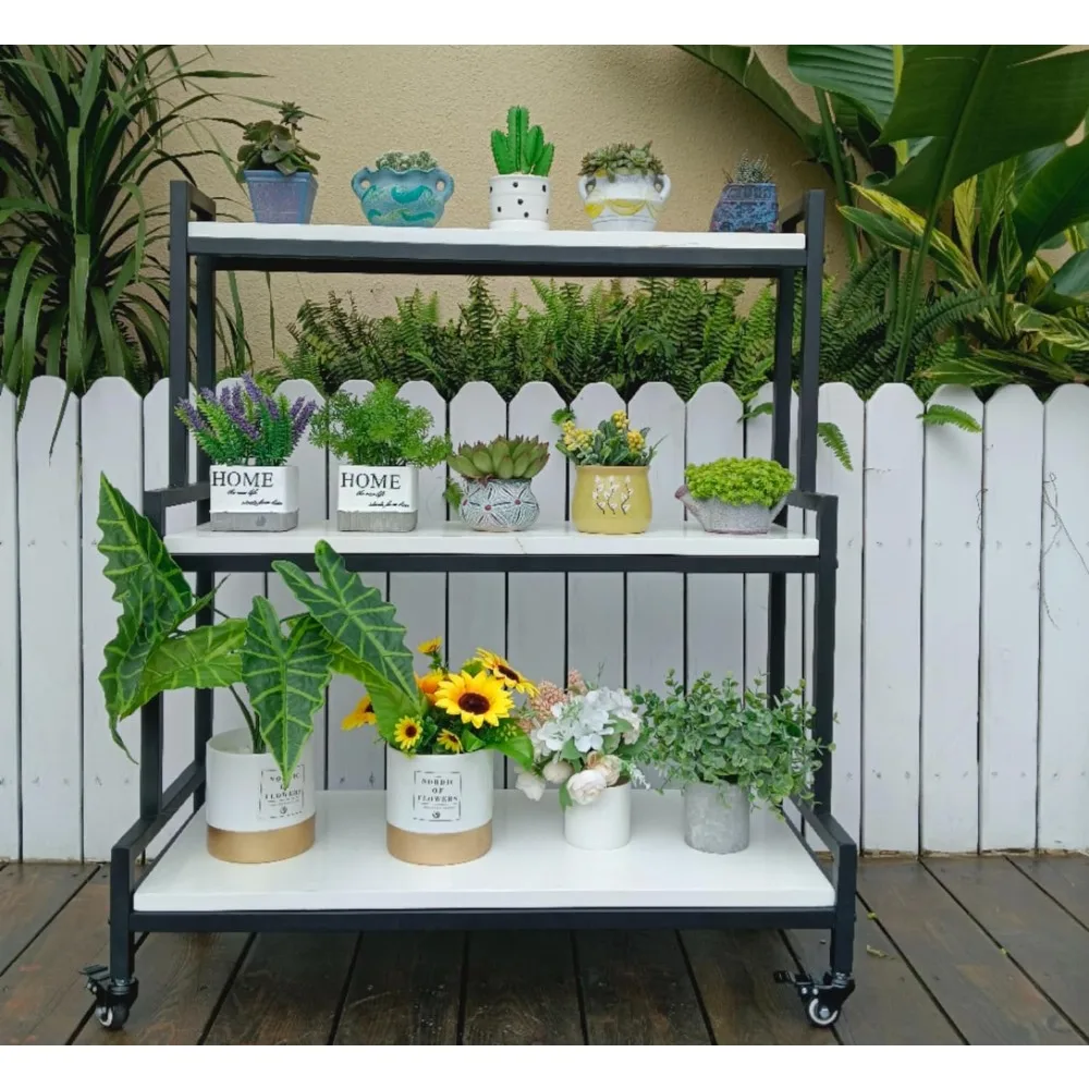 A rustic plant stand with wheels, 37 inches high, rolling indoor and outdoor, used for solid wood of various plants