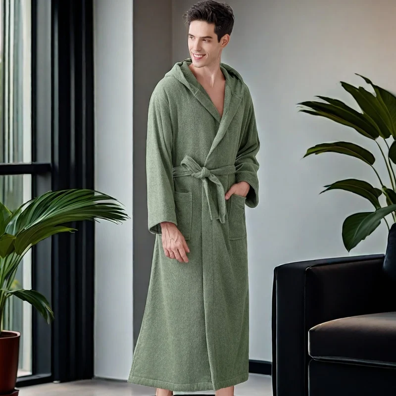 Women Men Winter Plus Size Flannel Bathrobe Extra Long Hooded Warm Lovers Thick Kimono Bath Robe Cozy Towel Fleece Dressing Gown