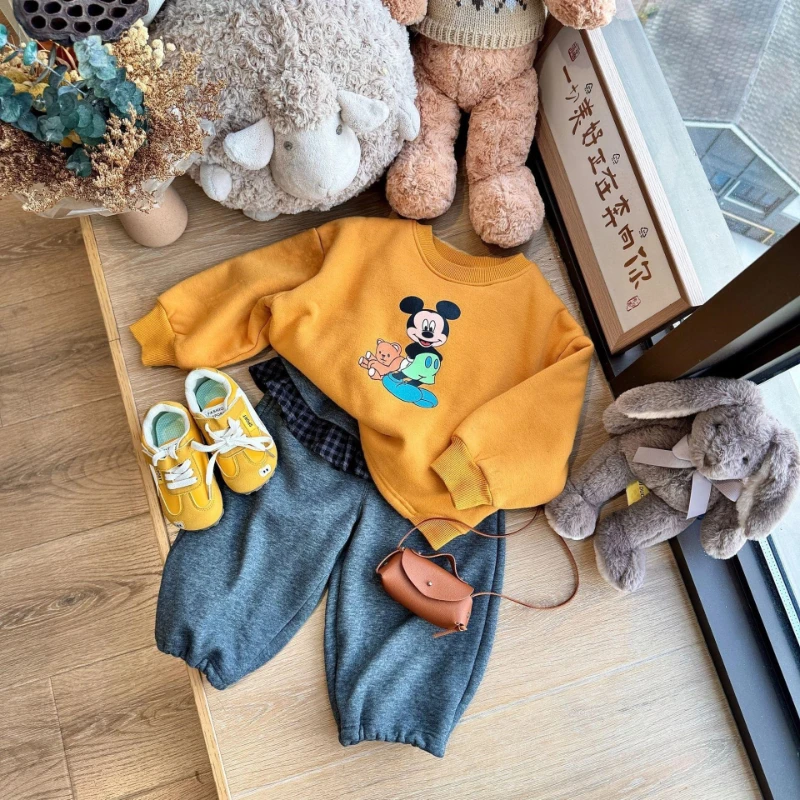 طقم هوديي شتوي للفتيات، بلوفر وسروال من القطيفة بطباعة كرتونية للأطفال، بلوزة فضفاضة