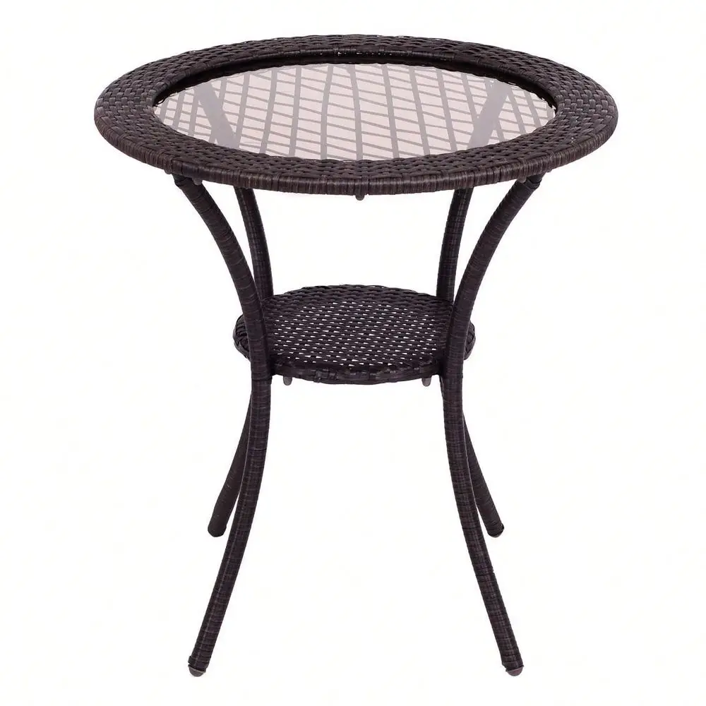 

Round Rattan Wicker Coffee Table Glass Top Steel Frame Patio Furni W Lower Shelf
