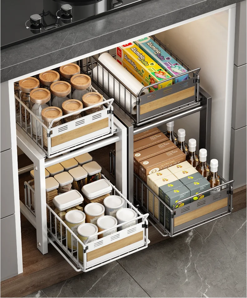 

Kitchen Under The Sink Organizer Household Multifunctional Seasoning Dishes Pull-Out Double Large-Capacity Metal Storage Racks