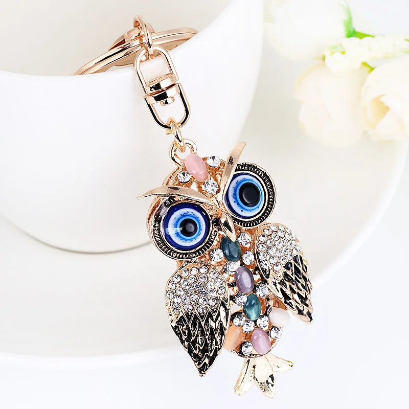 Cute Rhinestone Crystal EVIL EYE Turkey Blue Owl Bird Keychain Animal Key Chain Key Ring Holder Pendant Keyring