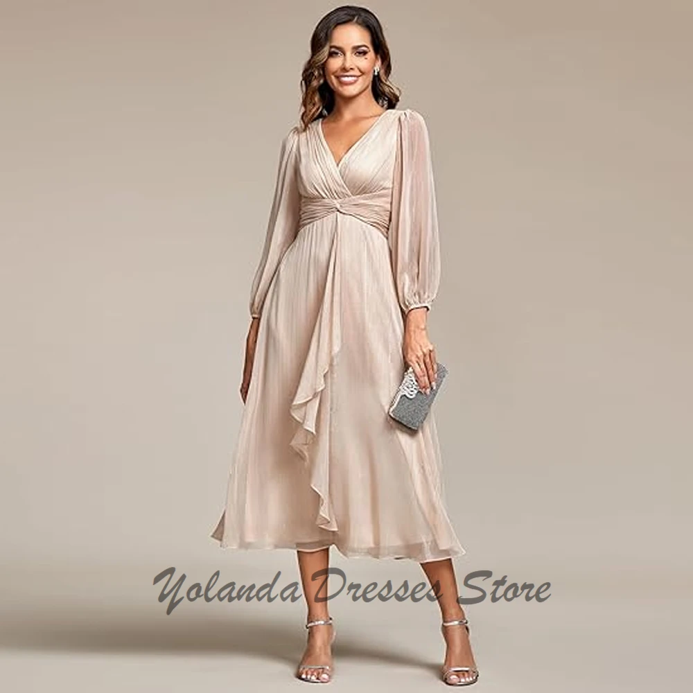 

Customized Long Sleeves Mother of The Bride Dresses V Neck Formal Evening Gown Tea Length Wedding Guest Dress Zipper Back 2025