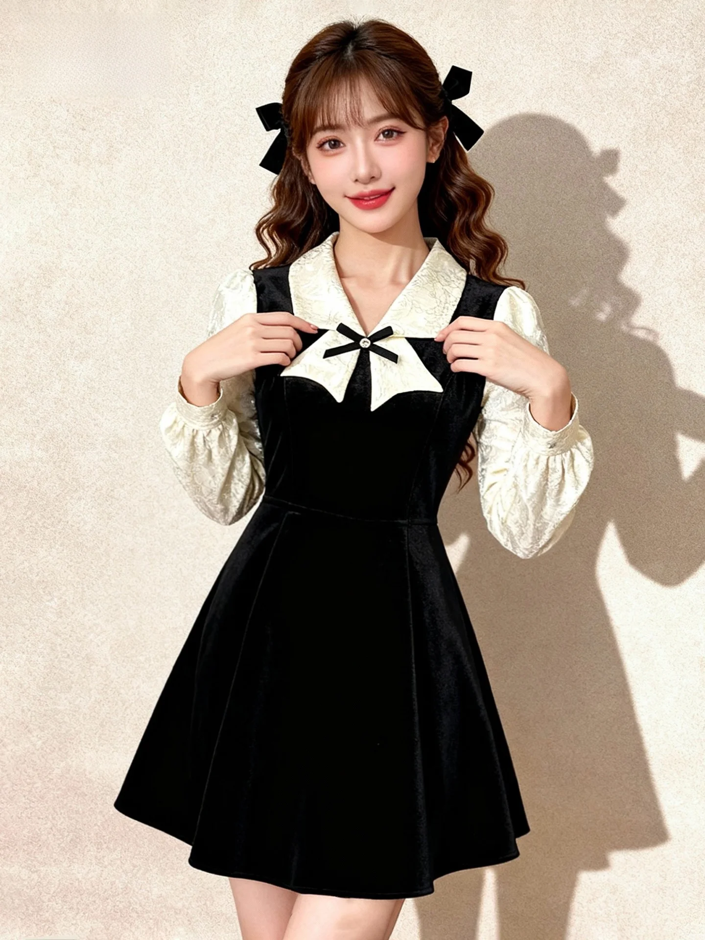 

Шикарная черная бархатная женская модная весенняя юбка-трапеция с эффектом похудения, короткая, в стиле Little Fragrance, с длинным рукавом