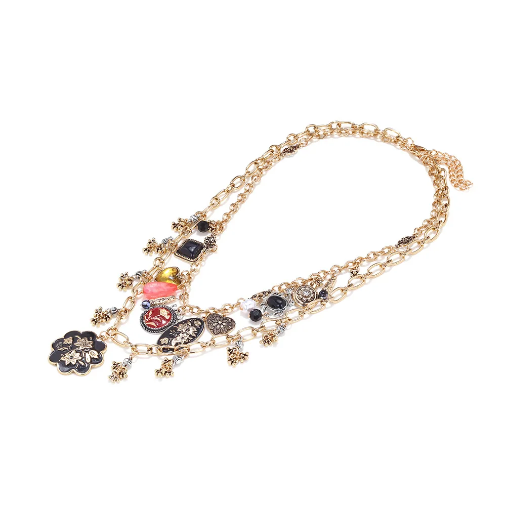 Vintage Metall-Emaille-Blumen-Anhänger-Halsketten für Frauen, 2 Stück/Set, unregelmäßige Charm-Halskette, Statement-Schmuck, Geschenke – Detail 2