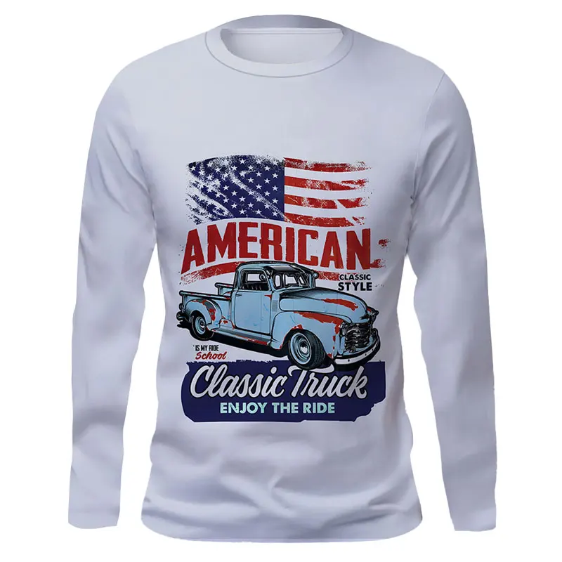 

Vintage American Flag Car Print Men's Spring Fall Plus Size Loose Long Sleeve T-Shirt Fashion Street Trend Creative Clothing