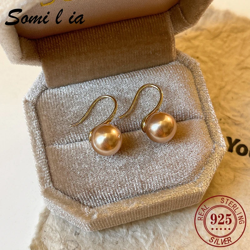

SOMILIA стерлингового серебра 925 пробы, французские 8/10/12 мм, большие серьги-крючки с искусственным жемчугом цвета шампанского для женщин, персонализированные ювелирные изделия
